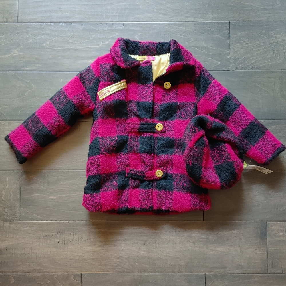 Pink and Black Plaid Coat with Hat